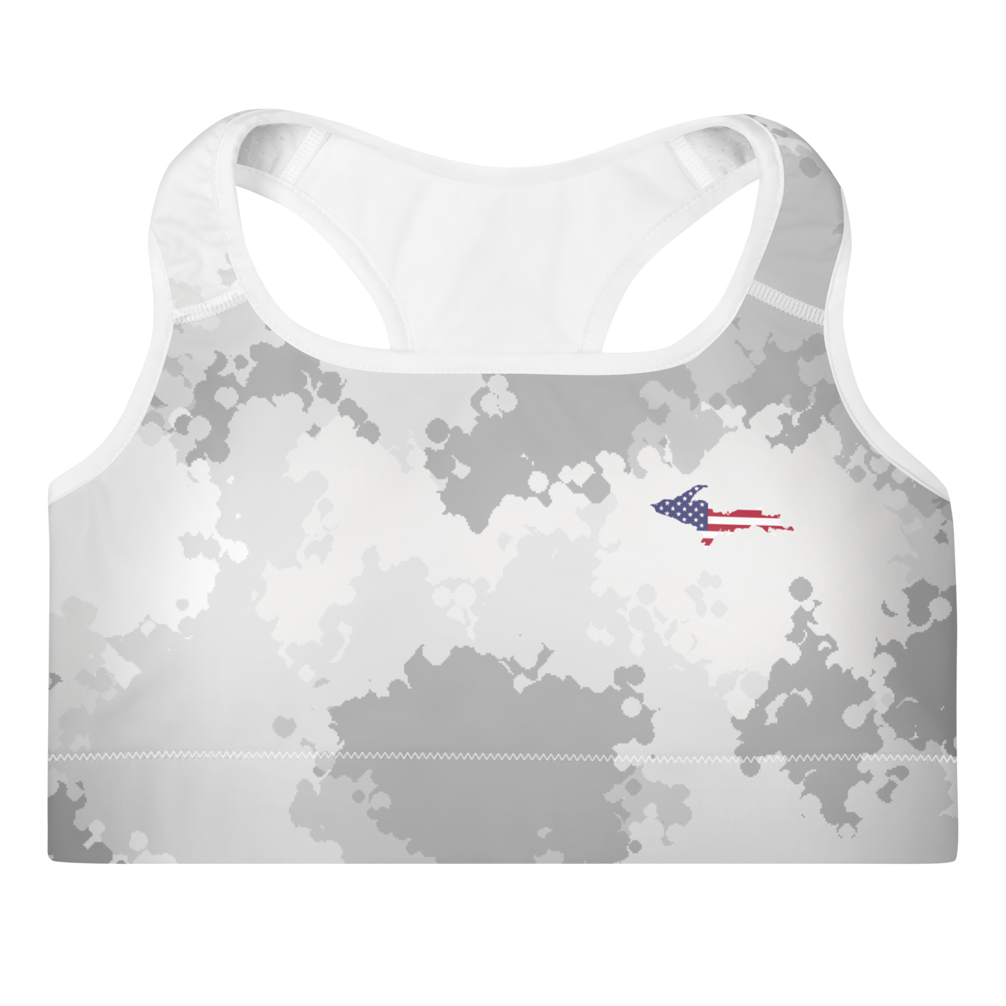 Michigan Upper Peninsula Padded Sports Bra (w/ UP USA Flag Outline) | Snow Camo