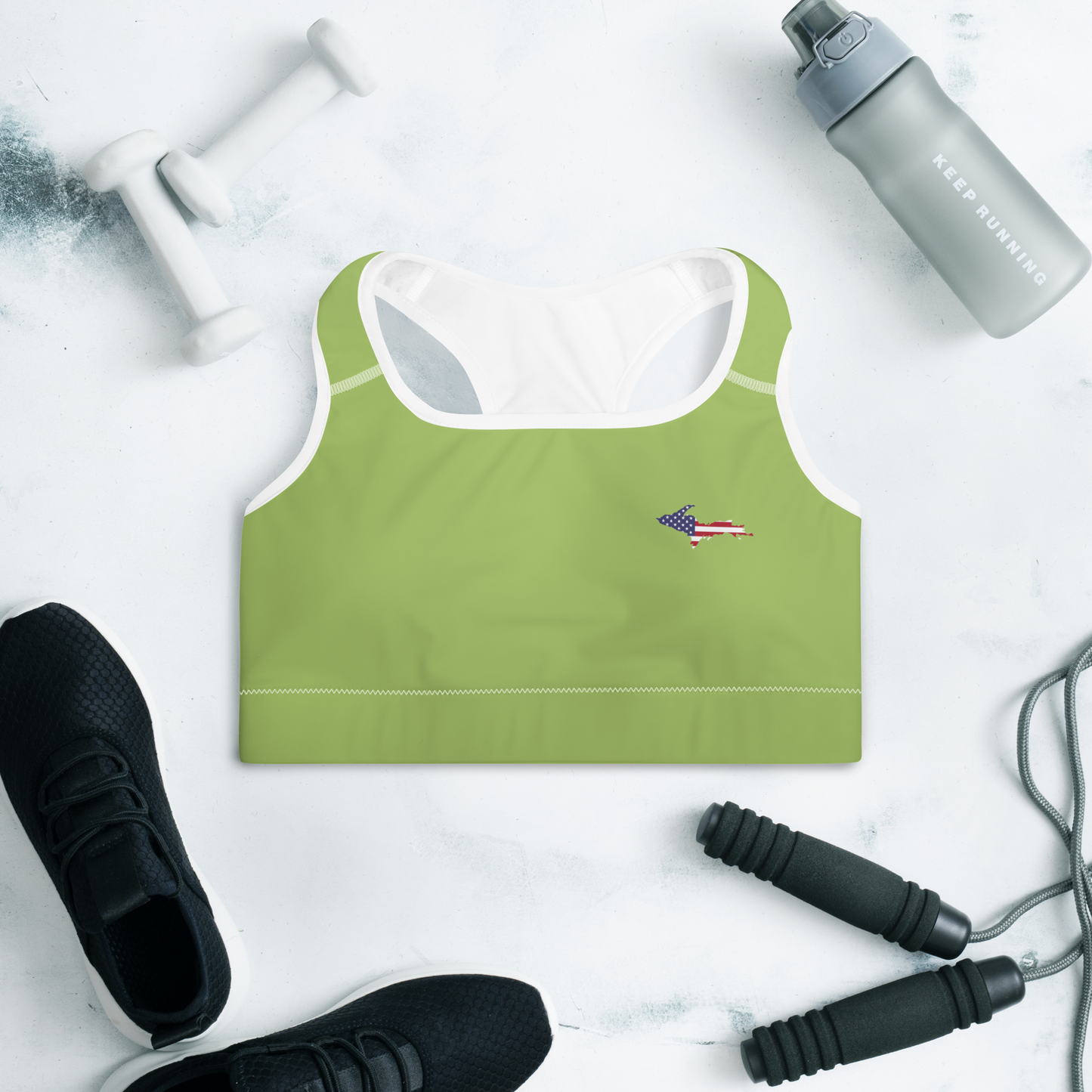 Michigan Upper Peninsula Padded Sports Bra (w/ UP USA Flag Outline) | Gooseberry Green