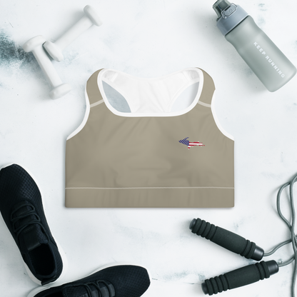 Michigan Upper Peninsula Padded Sports Bra (w/ UP USA Flag Outline) | Petoskey Stone Beige