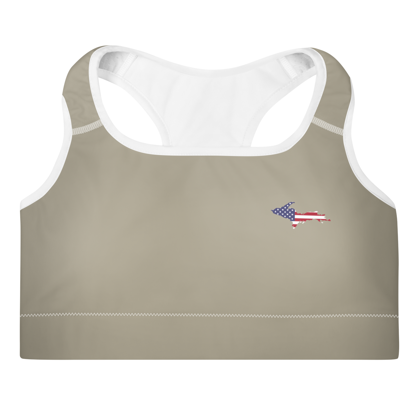 Michigan Upper Peninsula Padded Sports Bra (w/ UP USA Flag Outline) | Petoskey Stone Beige