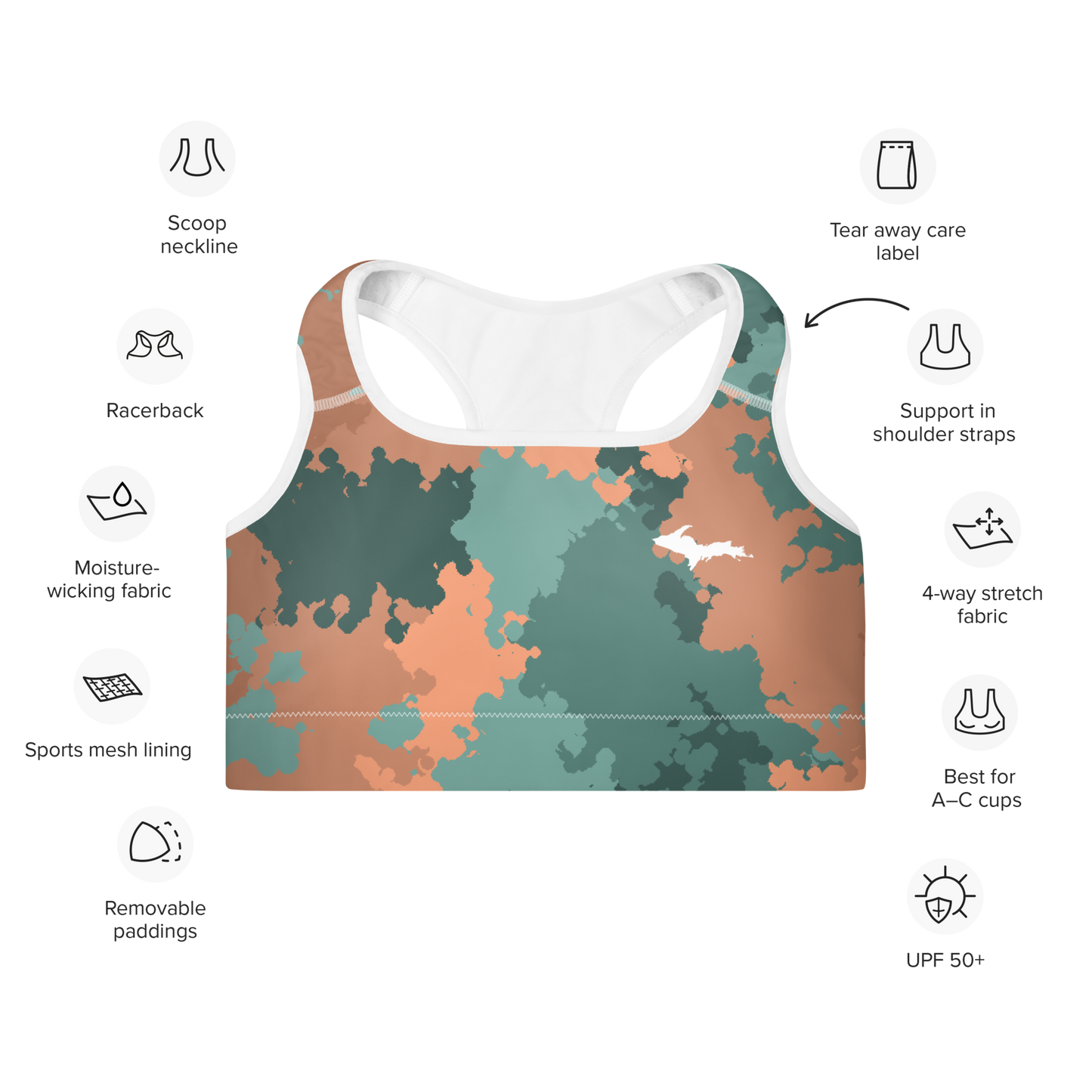 Michigan Upper Peninsula Padded Sports Bra (w/ UP Outline) | Copper Country Camo