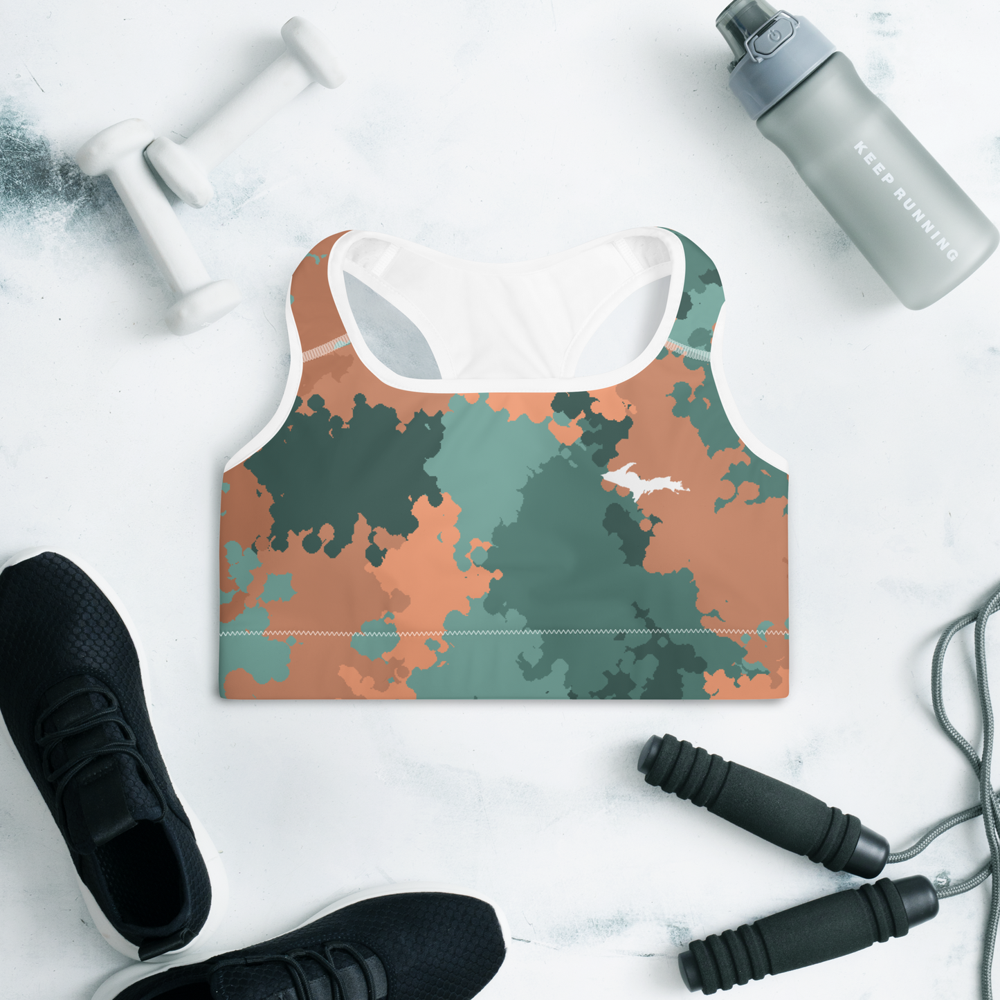 Michigan Upper Peninsula Padded Sports Bra (w/ UP Outline) | Copper Country Camo