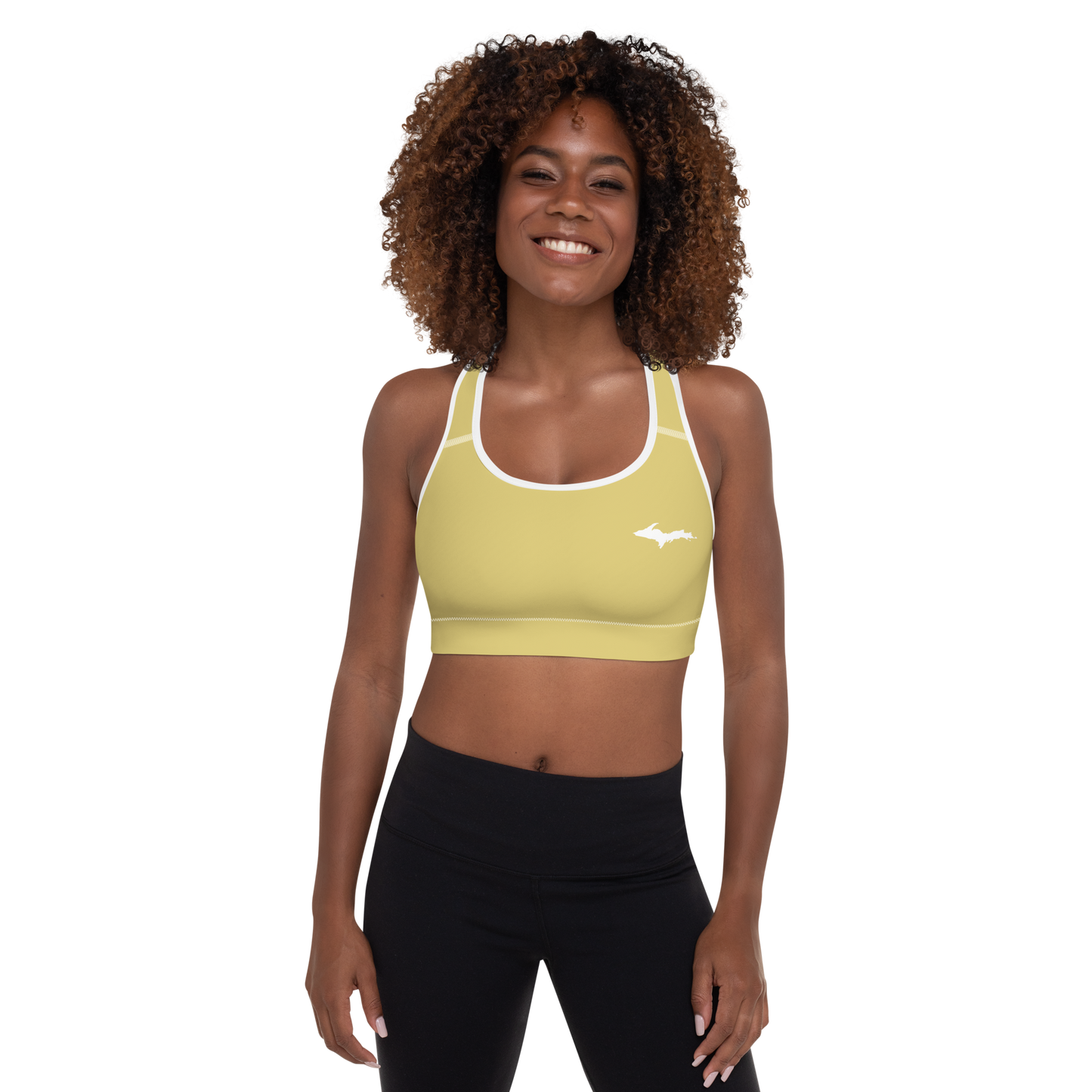 Michigan Upper Peninsula Padded Sports Bra (w/ UP Outline) | Plum Yellow