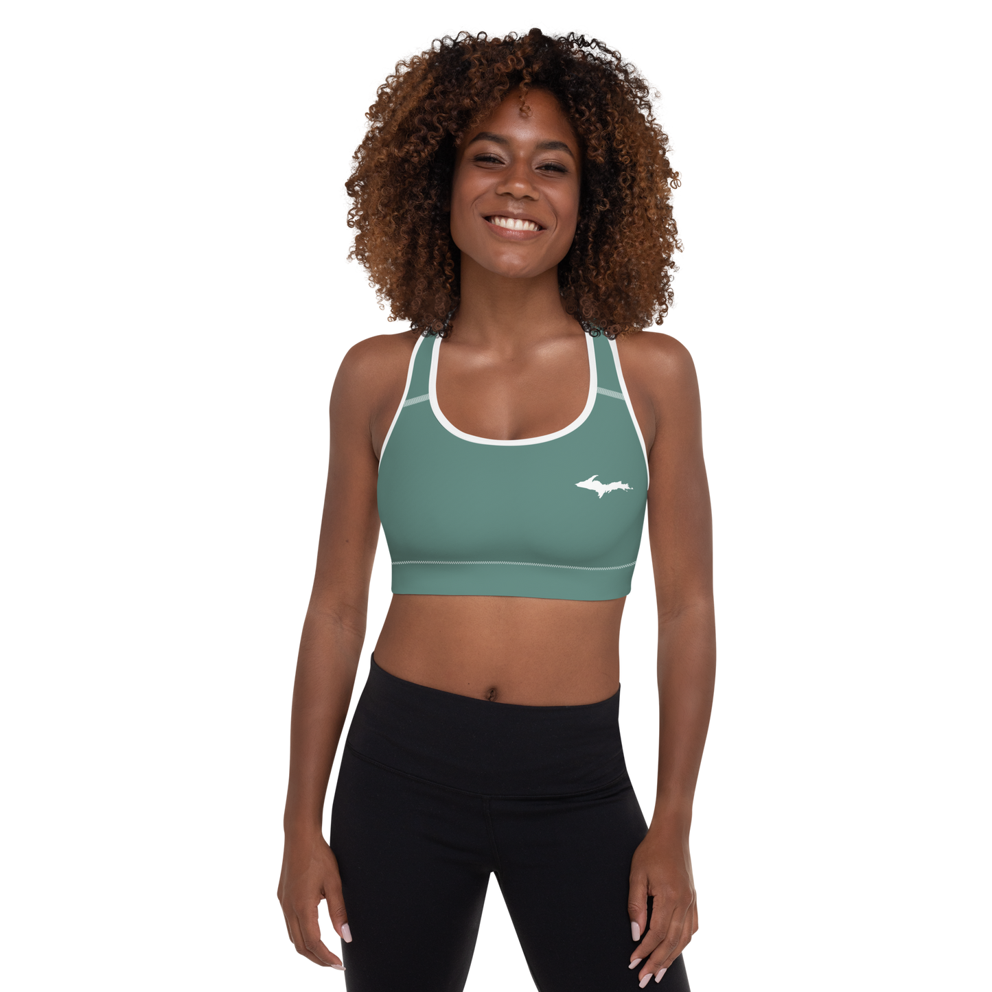 Michigan Upper Peninsula Padded Sports Bra (w/ UP Outline) | Copper Green