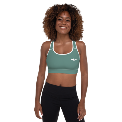 Michigan Upper Peninsula Padded Sports Bra (w/ UP Outline) | Copper Green