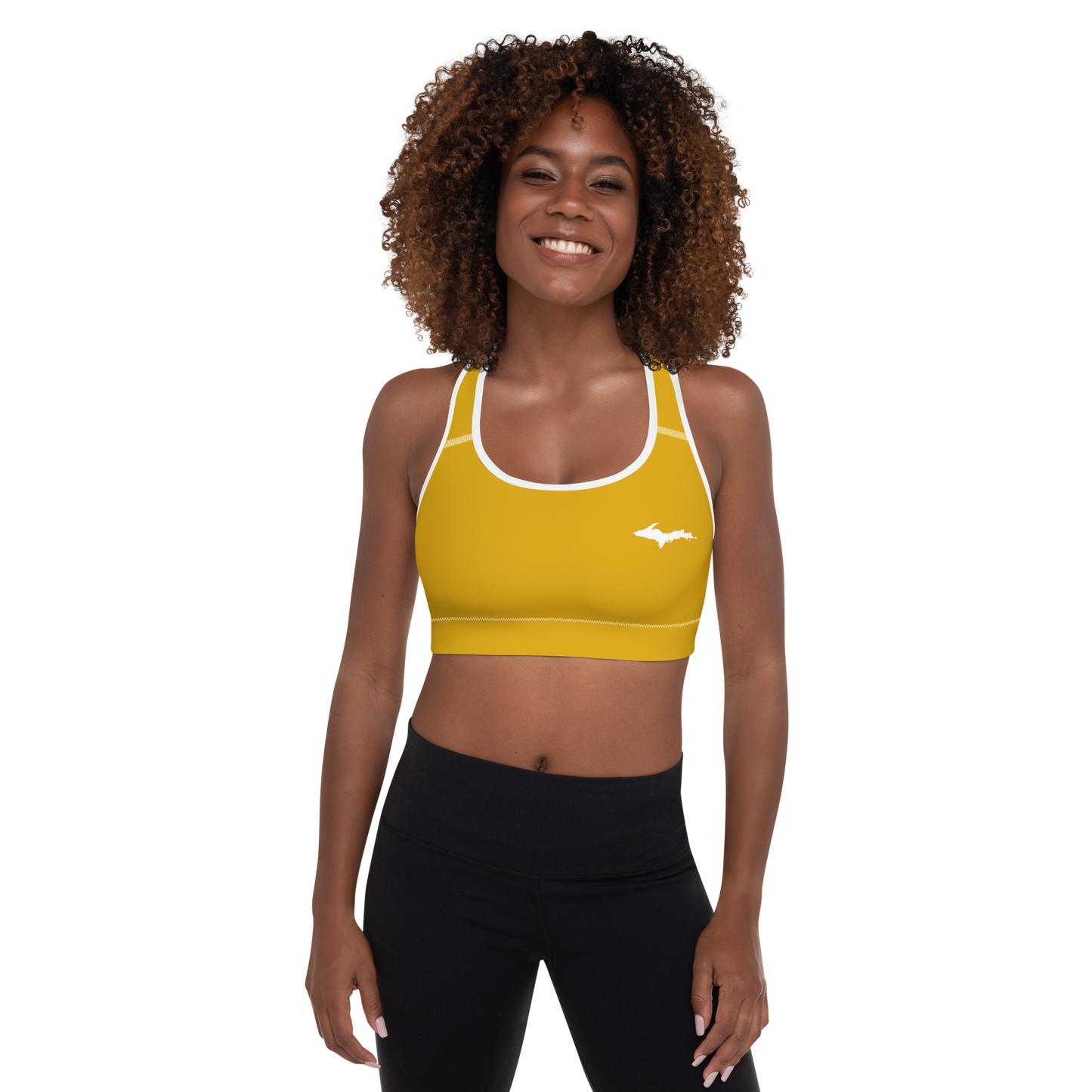 Michigan Upper Peninsula Padded Sports Bra (w/ UP Outline) | Gold