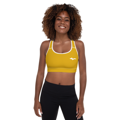 Michigan Upper Peninsula Padded Sports Bra (w/ UP Outline) | Gold