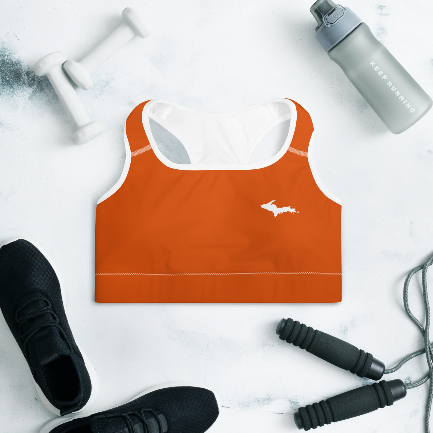 Michigan Upper Peninsula Padded Sports Bra (w/ UP Outline) | Maple Leaf Orange