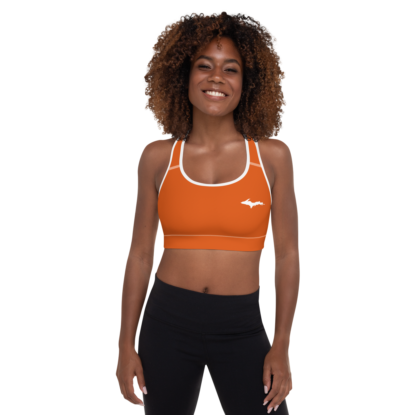 Michigan Upper Peninsula Padded Sports Bra (w/ UP Outline) | Maple Leaf Orange