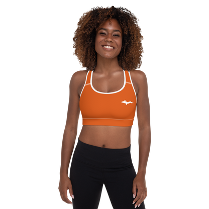 Michigan Upper Peninsula Padded Sports Bra (w/ UP Outline) | Maple Leaf Orange