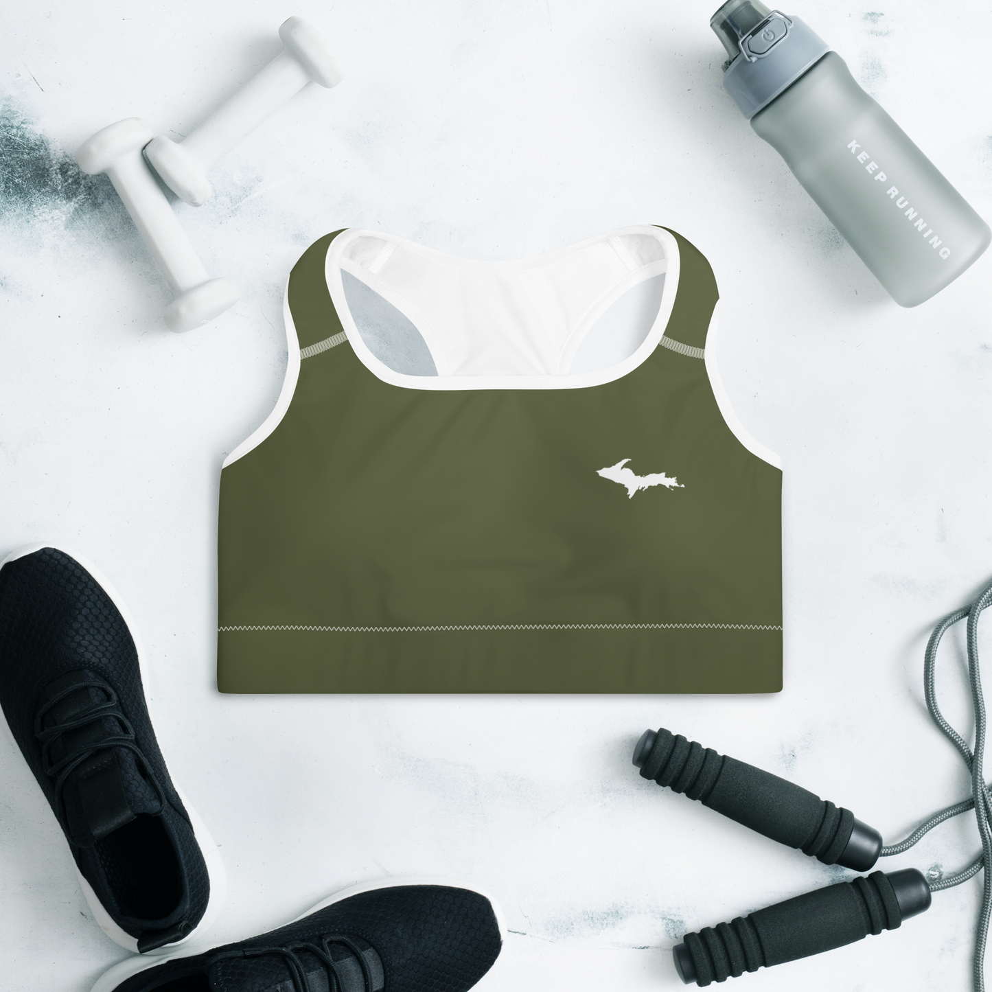 Michigan Upper Peninsula Padded Sports Bra (w/ UP Outline) | Army Green