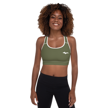 Michigan Upper Peninsula Padded Sports Bra (w/ UP Outline) | Army Green