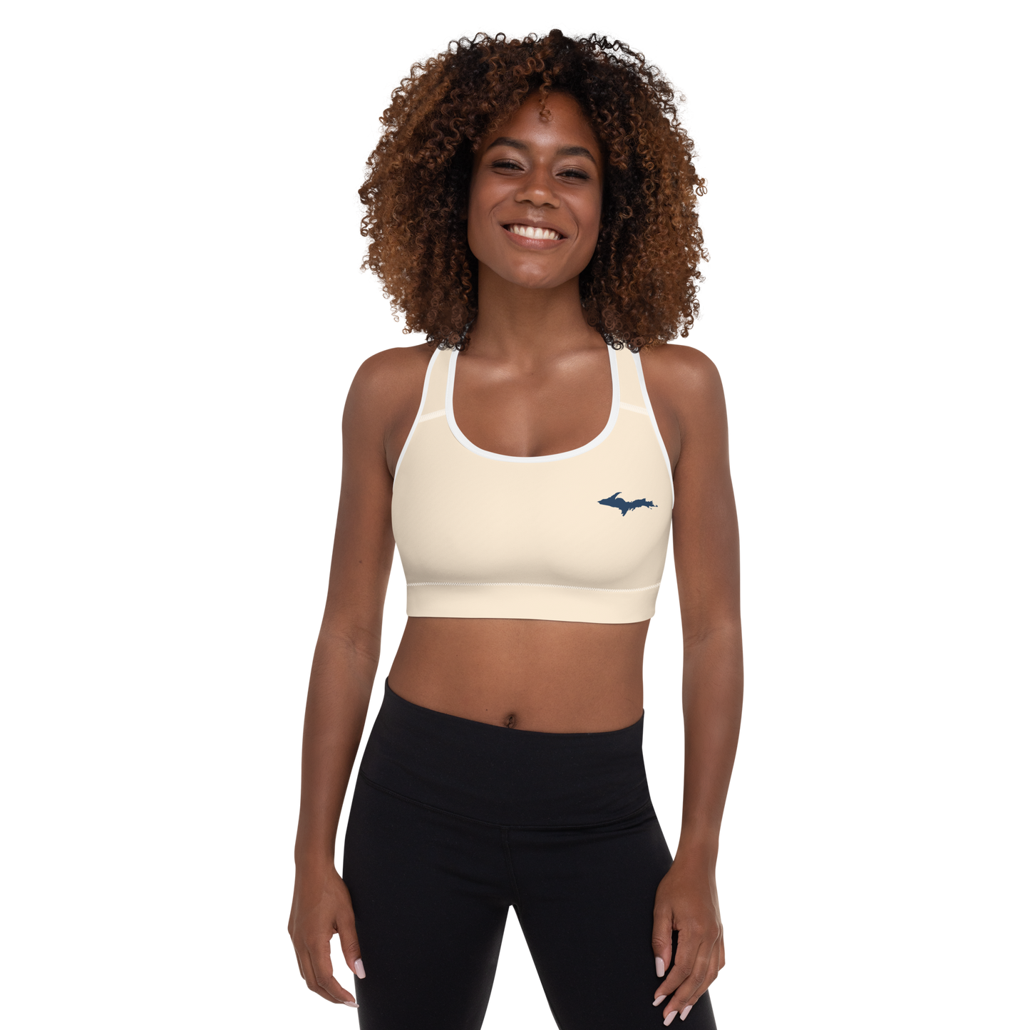 Michigan Upper Peninsula Padded Sports Bra (w/ UP Outline) | Champagne White