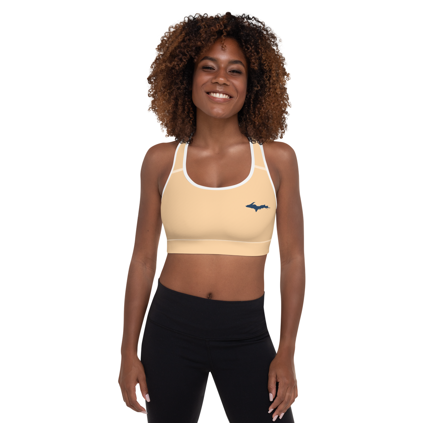 Michigan Upper Peninsula Padded Sports Bra (w/ UP Outline) | Pale Apricot