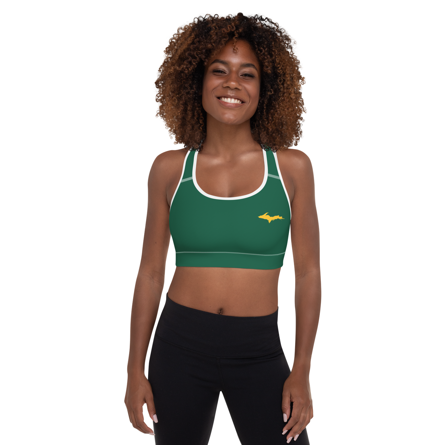 Michigan Upper Peninsula Padded Sports Bra (w/ Gold UP Outline) | Superior Green