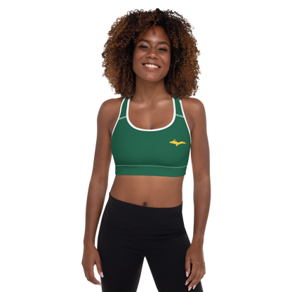 Michigan Upper Peninsula Padded Sports Bra (w/ Gold UP Outline) | Superior Green