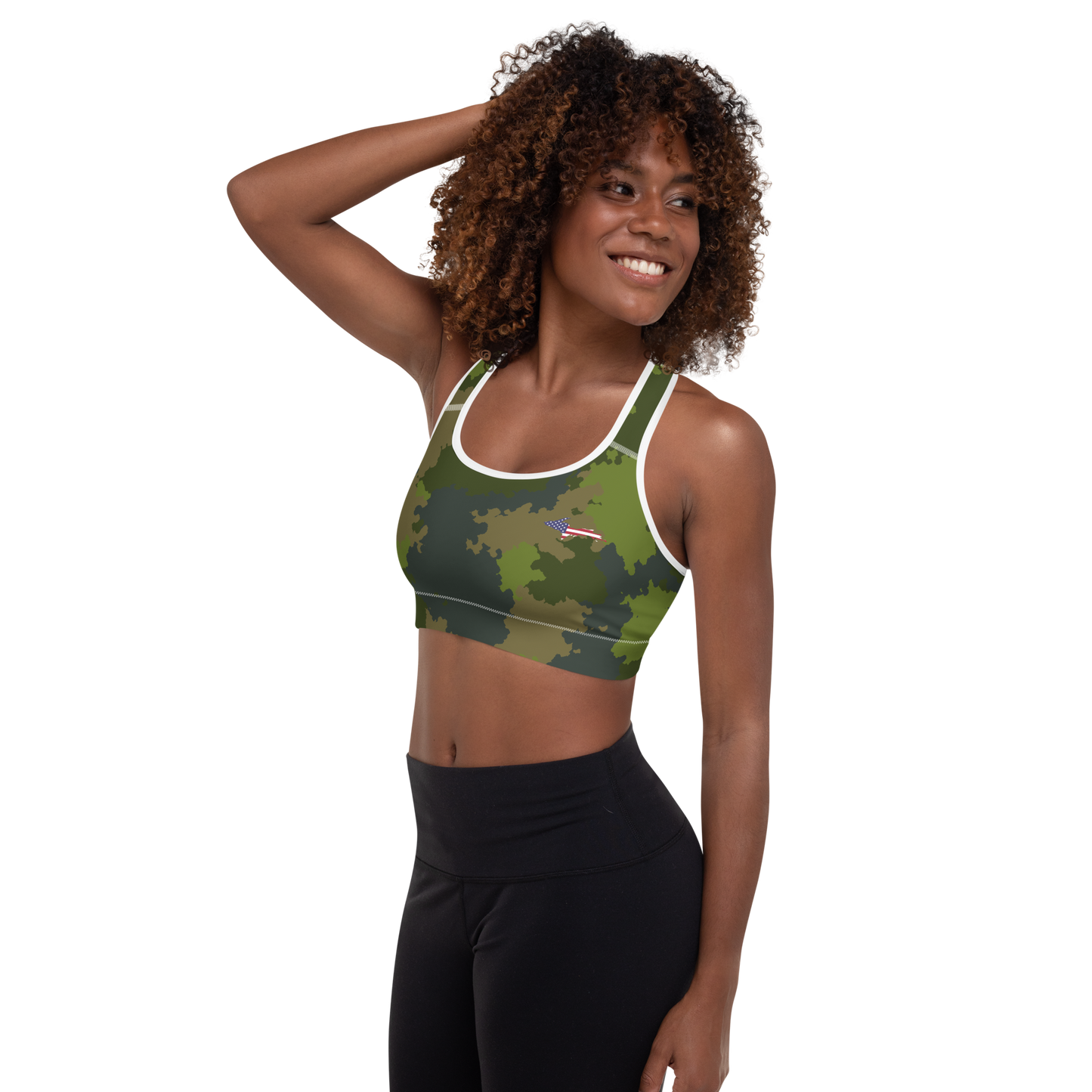 Michigan Upper Peninsula Padded Sports Bra (w/ UP USA Flag Outline) | Woodland Camo