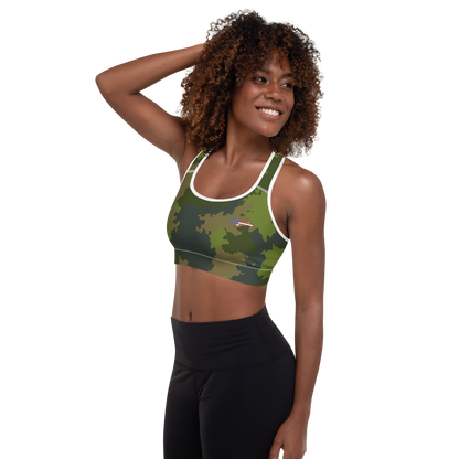 Michigan Upper Peninsula Padded Sports Bra (w/ UP USA Flag Outline) | Woodland Camo