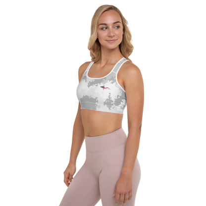 Michigan Upper Peninsula Padded Sports Bra (w/ UP USA Flag Outline) | Snow Camo