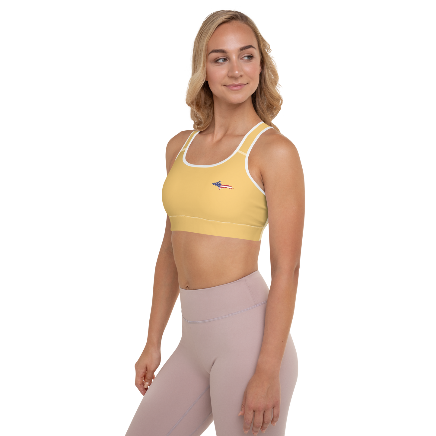 Michigan Upper Peninsula Padded Sports Bra (w/ UP USA Flag Outline) | Citrine