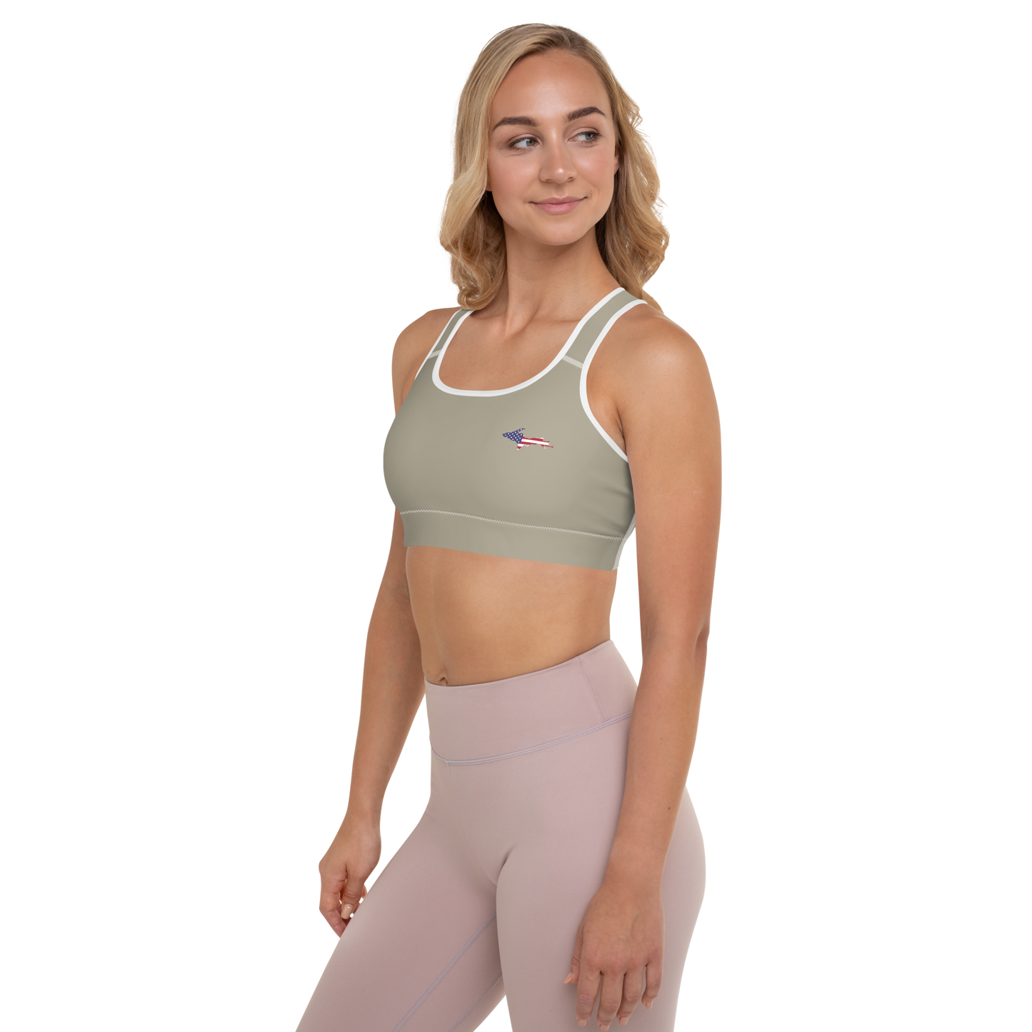 Michigan Upper Peninsula Padded Sports Bra (w/ UP USA Flag Outline) | Petoskey Stone Beige