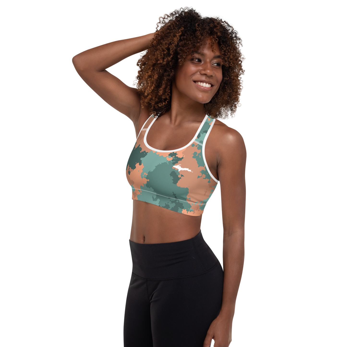 Michigan Upper Peninsula Padded Sports Bra (w/ UP Outline) | Copper Country Camo