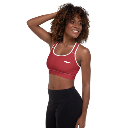 Michigan Upper Peninsula Padded Sports Bra (w/ UP USA Flag Outline) | Thimbleberry Red