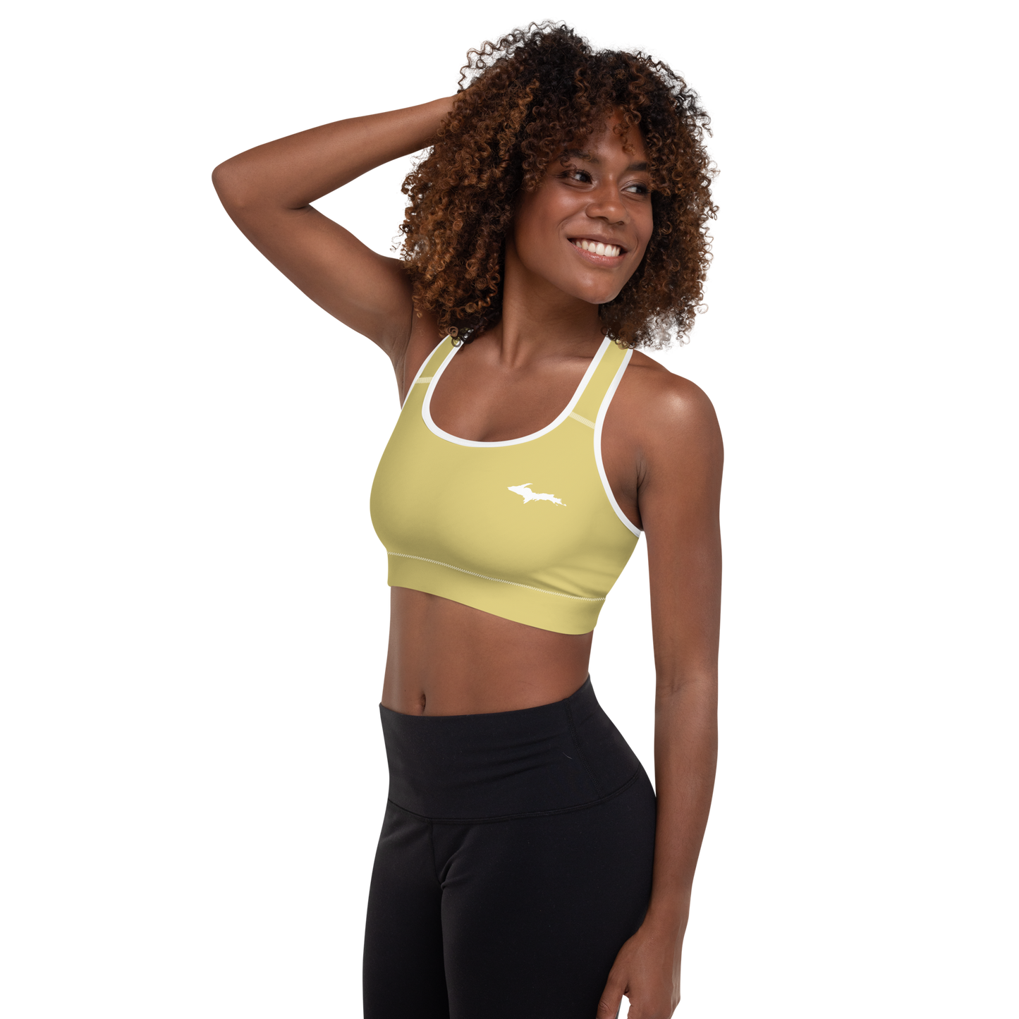 Michigan Upper Peninsula Padded Sports Bra (w/ UP Outline) | Plum Yellow