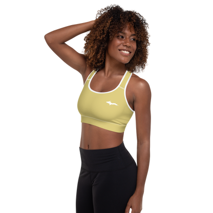 Michigan Upper Peninsula Padded Sports Bra (w/ UP Outline) | Plum Yellow