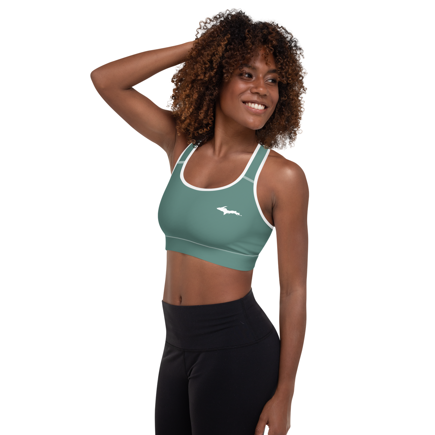 Michigan Upper Peninsula Padded Sports Bra (w/ UP Outline) | Copper Green