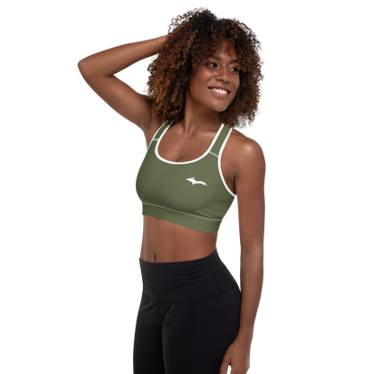 Michigan Upper Peninsula Padded Sports Bra (w/ UP Outline) | Army Green