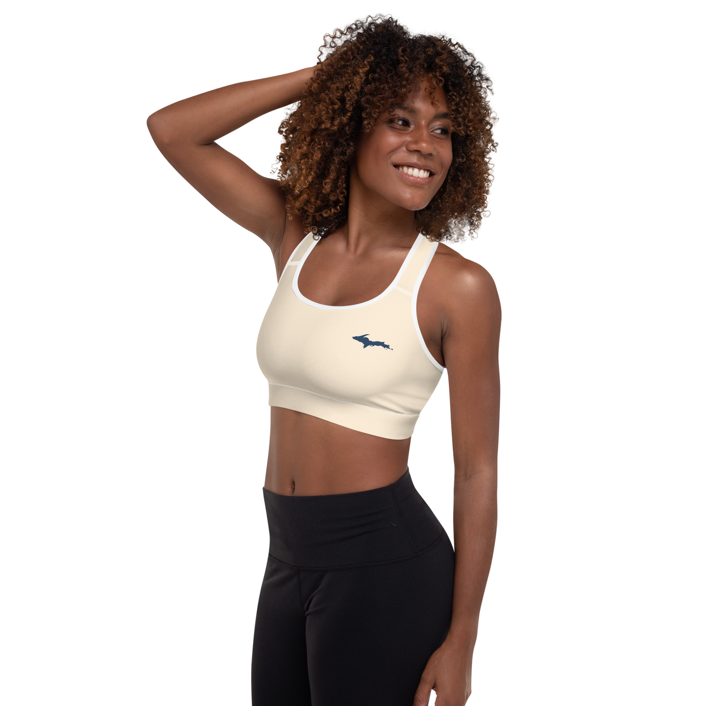 Michigan Upper Peninsula Padded Sports Bra (w/ UP Outline) | Champagne White