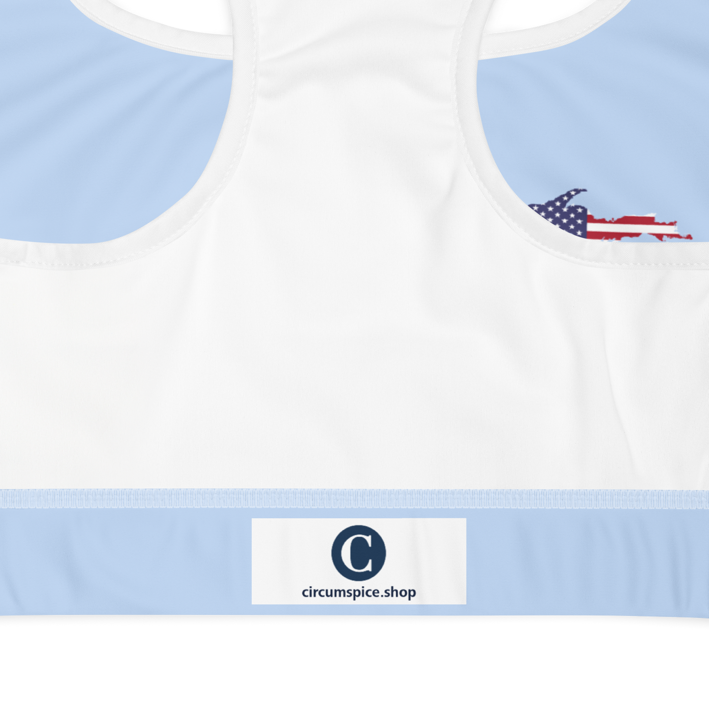 Michigan Upper Peninsula Padded Sports Bra (w/ UP USA Flag Outline) | Light Blue