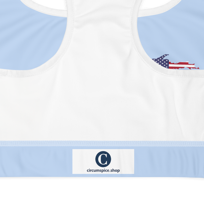 Michigan Upper Peninsula Padded Sports Bra (w/ UP USA Flag Outline) | Light Blue