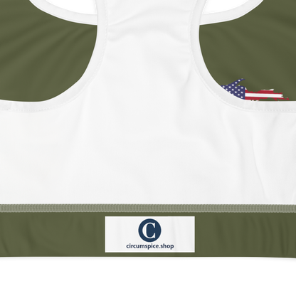 Michigan Upper Peninsula Padded Sports Bra (w/ UP USA Flag Outline) | Army Green