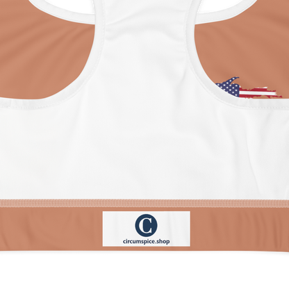 Michigan Upper Peninsula Padded Sports Bra (w/ UP USA Flag Outline) | Copper Color