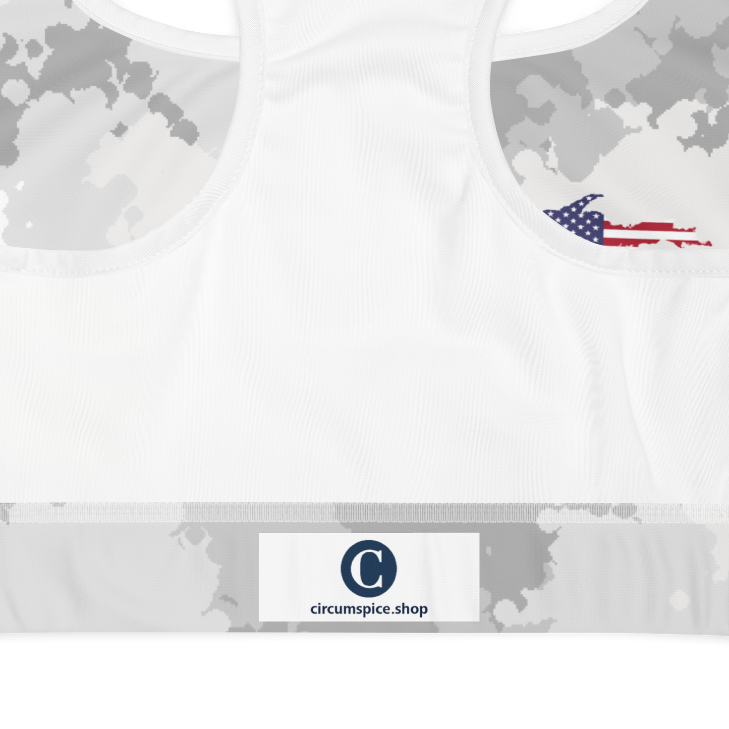 Michigan Upper Peninsula Padded Sports Bra (w/ UP USA Flag Outline) | Snow Camo