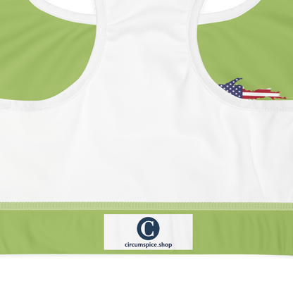 Michigan Upper Peninsula Padded Sports Bra (w/ UP USA Flag Outline) | Gooseberry Green