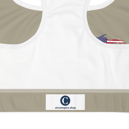 Michigan Upper Peninsula Padded Sports Bra (w/ UP USA Flag Outline) | Petoskey Stone Beige