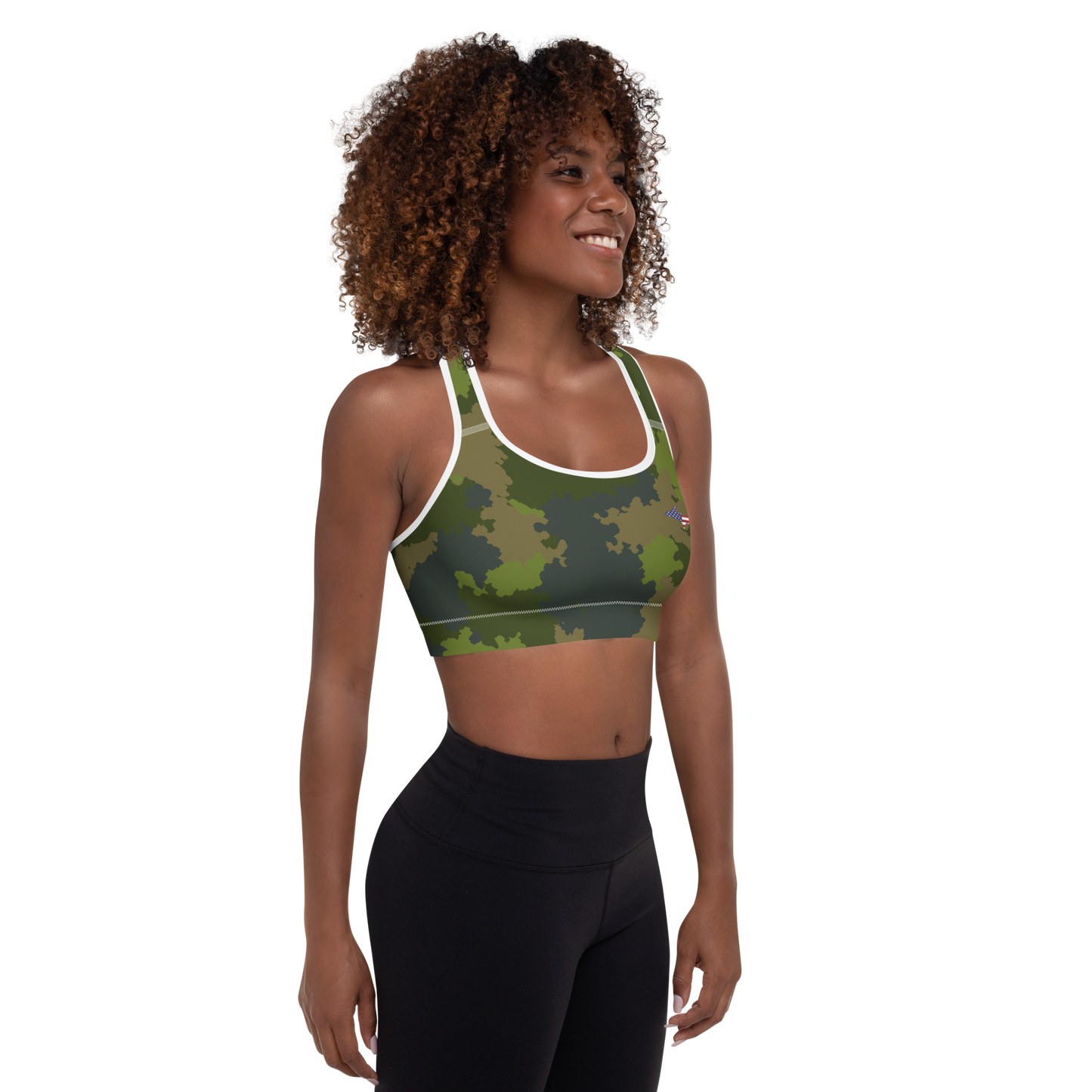 Michigan Upper Peninsula Padded Sports Bra (w/ UP USA Flag Outline) | Woodland Camo