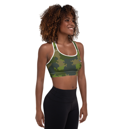 Michigan Upper Peninsula Padded Sports Bra (w/ UP USA Flag Outline) | Woodland Camo