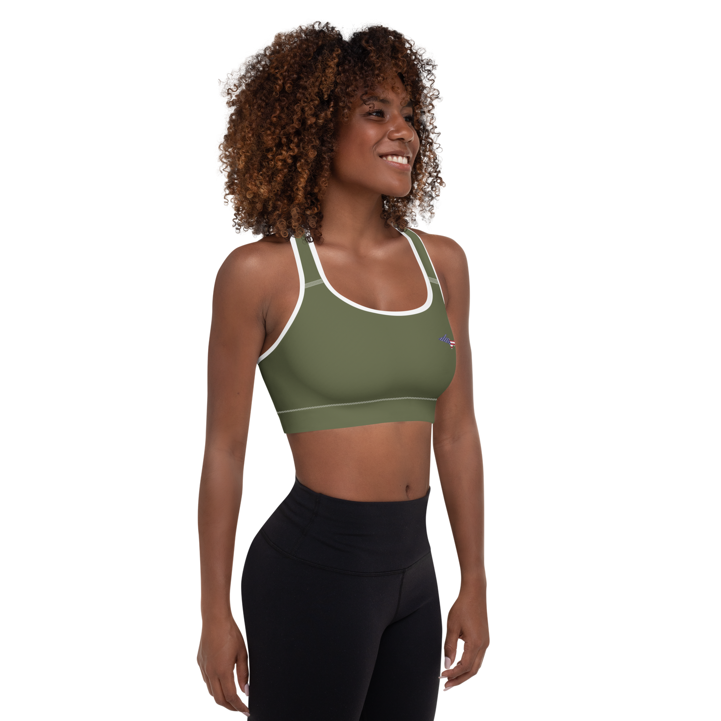 Michigan Upper Peninsula Padded Sports Bra (w/ UP USA Flag Outline) | Army Green