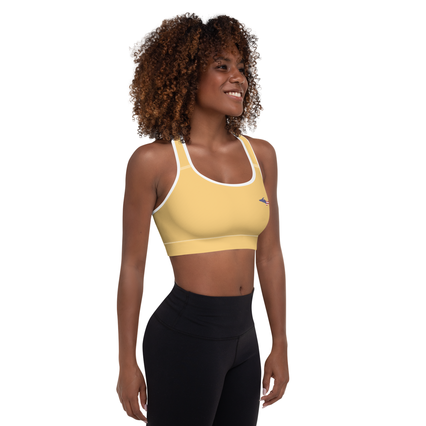 Michigan Upper Peninsula Padded Sports Bra (w/ UP USA Flag Outline) | Citrine