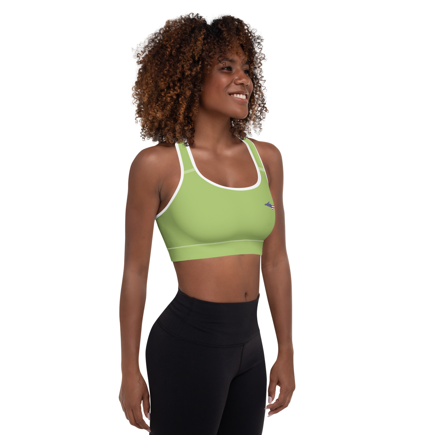 Michigan Upper Peninsula Padded Sports Bra (w/ UP USA Flag Outline) | Gooseberry Green