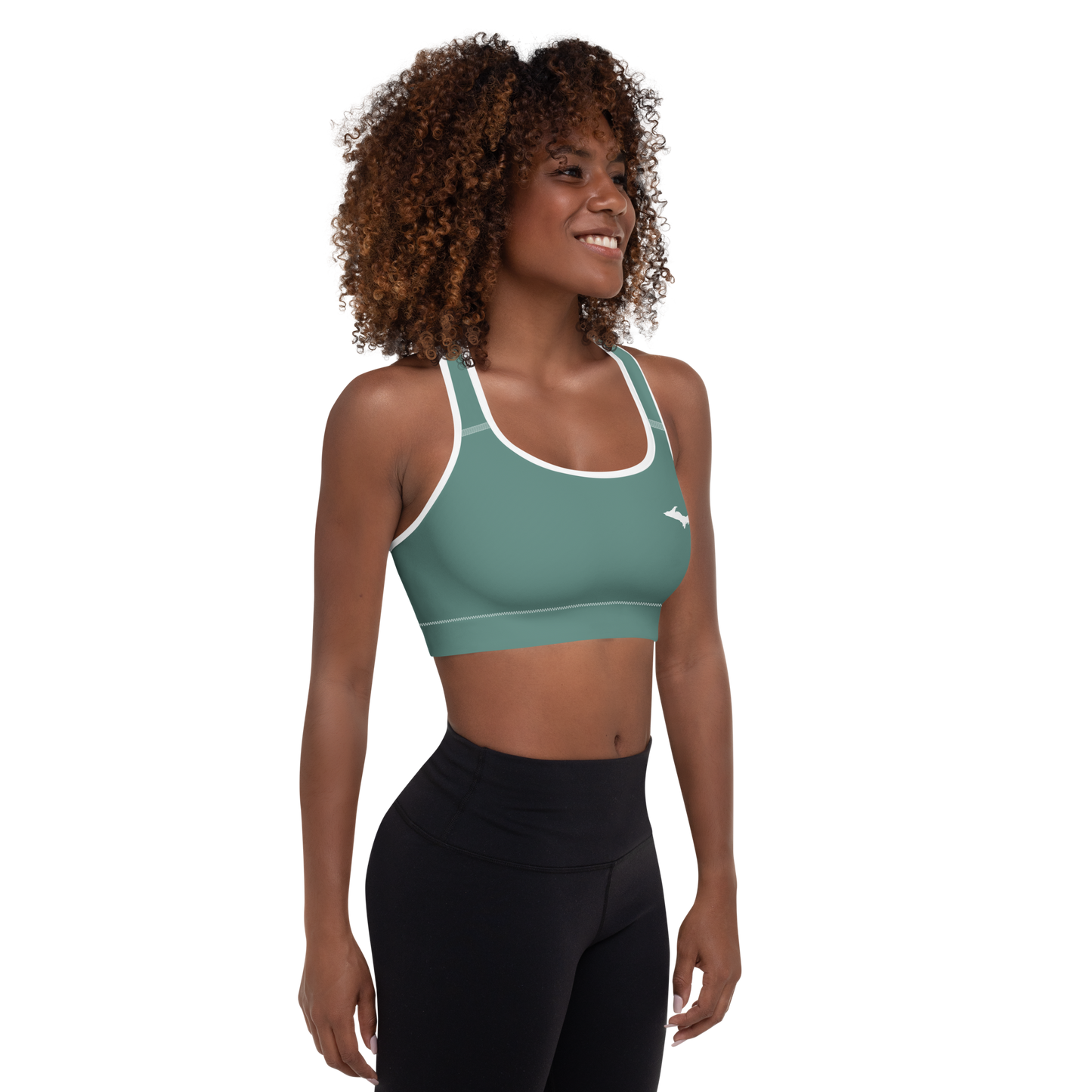 Michigan Upper Peninsula Padded Sports Bra (w/ UP Outline) | Copper Green