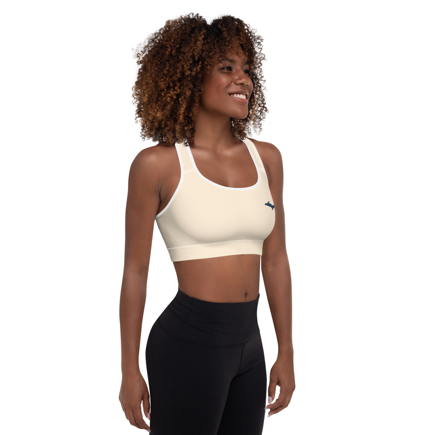 Michigan Upper Peninsula Padded Sports Bra (w/ UP Outline) | Champagne White