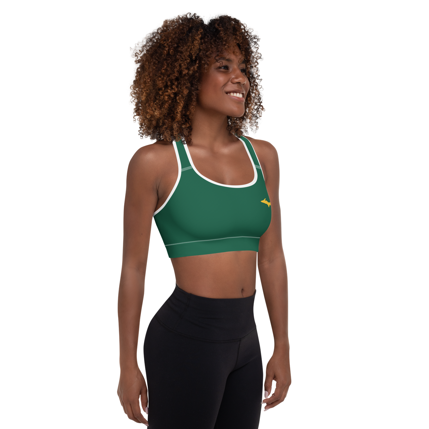 Michigan Upper Peninsula Padded Sports Bra (w/ Gold UP Outline) | Superior Green