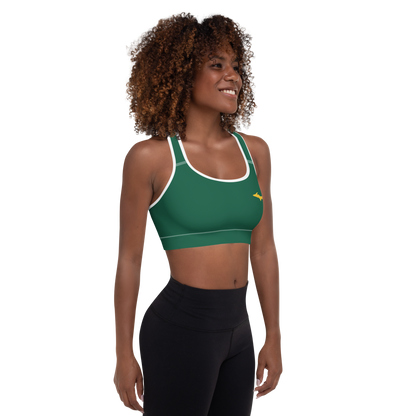 Michigan Upper Peninsula Padded Sports Bra (w/ Gold UP Outline) | Superior Green