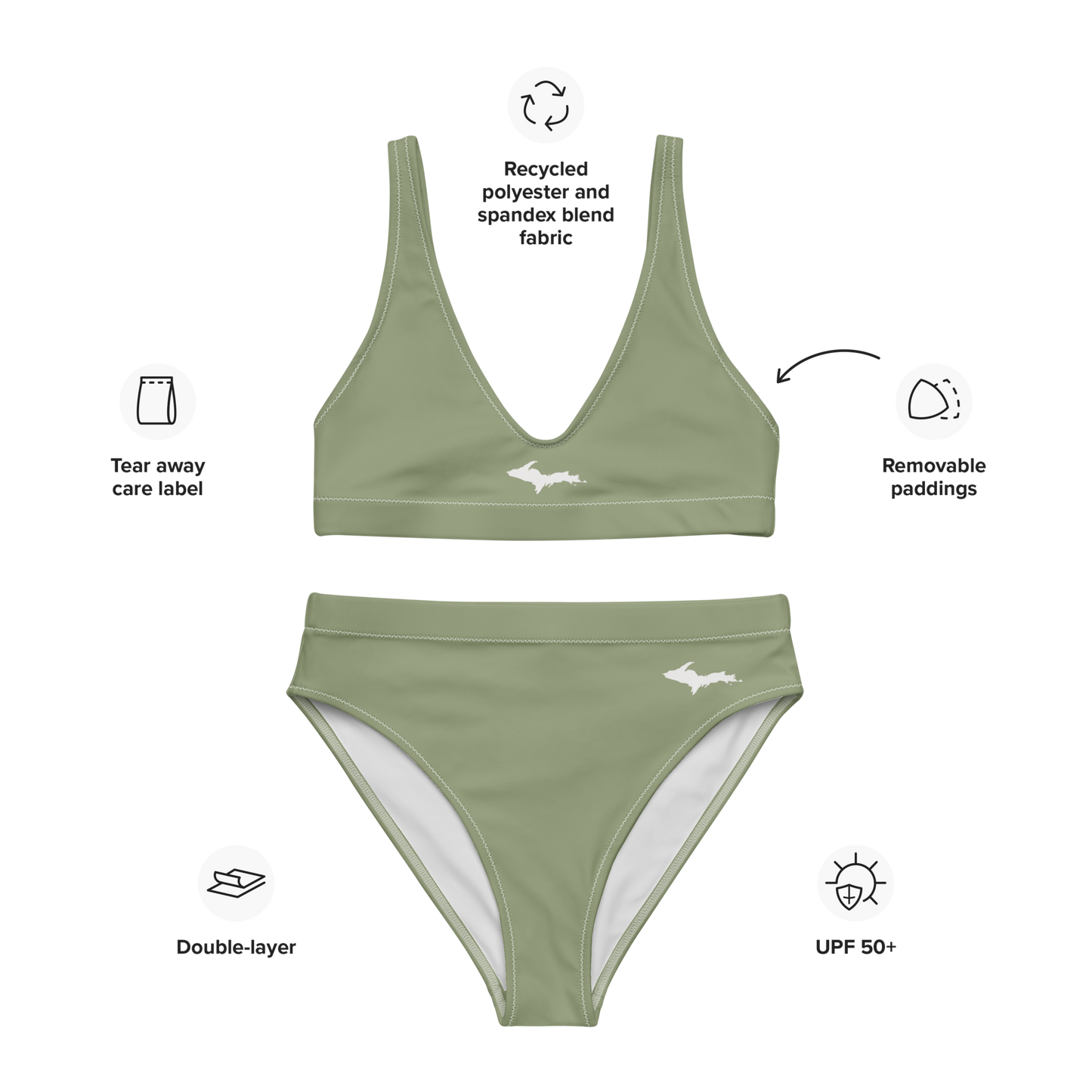 Michigan Upper Peninsula High-Waisted Bikini (w/ Dual UP Outlines) | Beachgrass Green