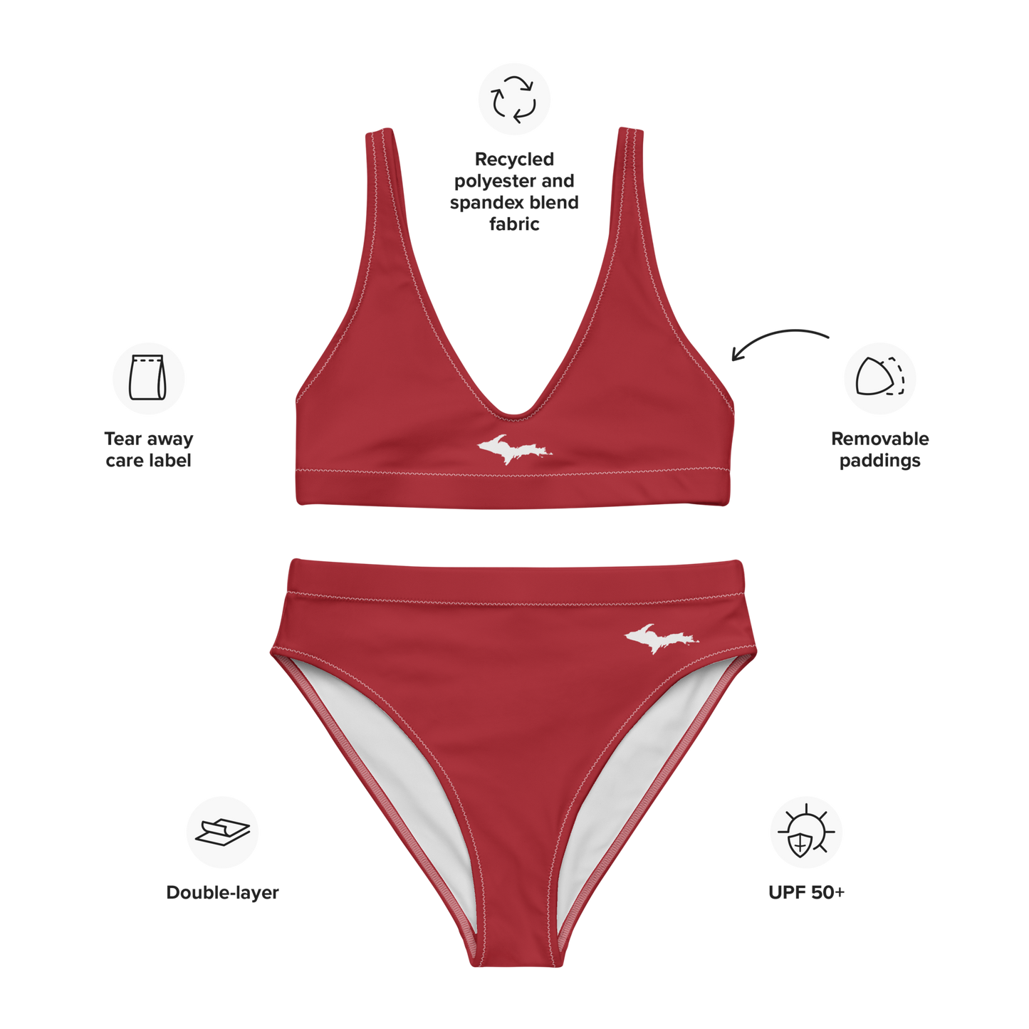 Michigan Upper Peninsula High-Waisted Bikini (w/ Dual UP Outlines) | Thimbleberry Red